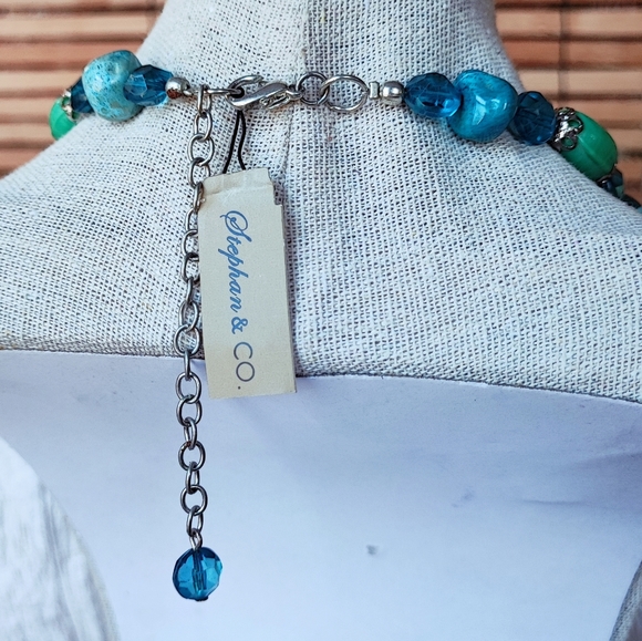 Art Sea Glass Stone Silver Tone Stephan & Co Green Turquoise Color Necklace NWT - Picture 4 of 15